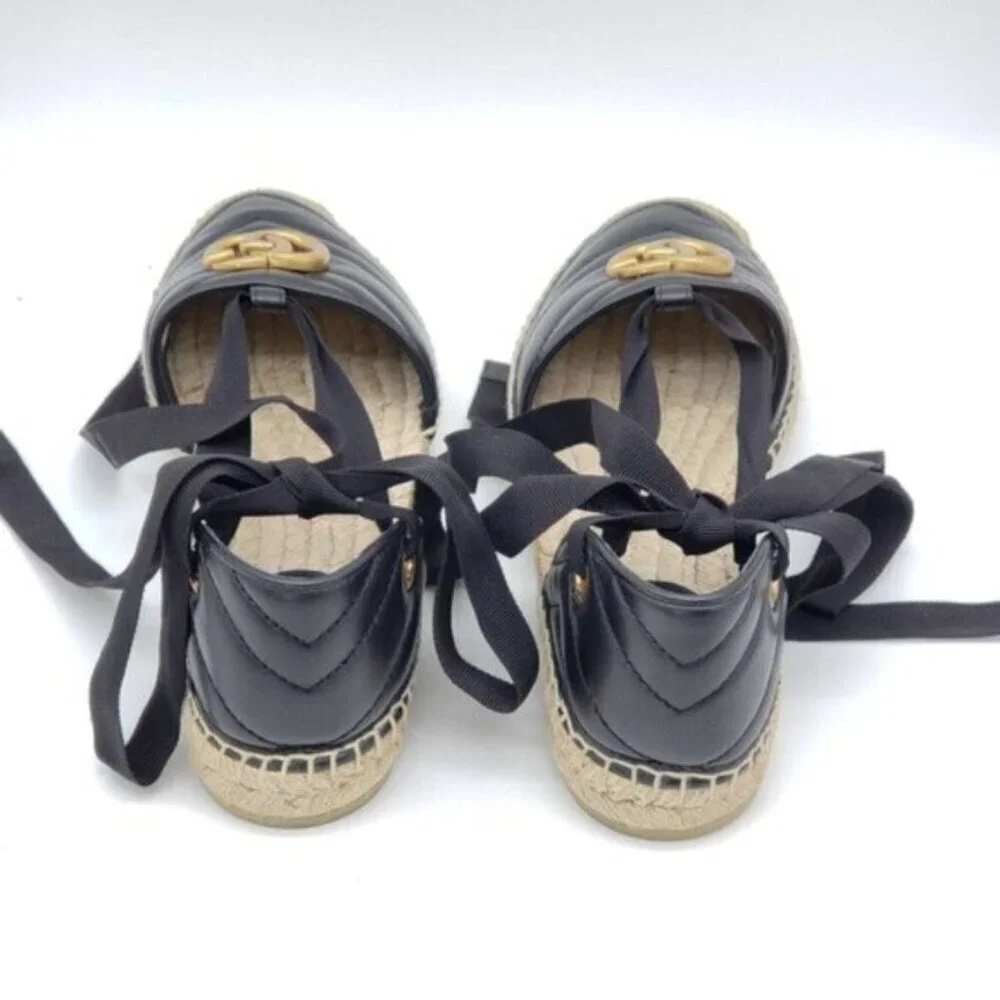 Authentic Gucci GG Marmont Espadrille Sandals Black Leather Gold Logo Brand New